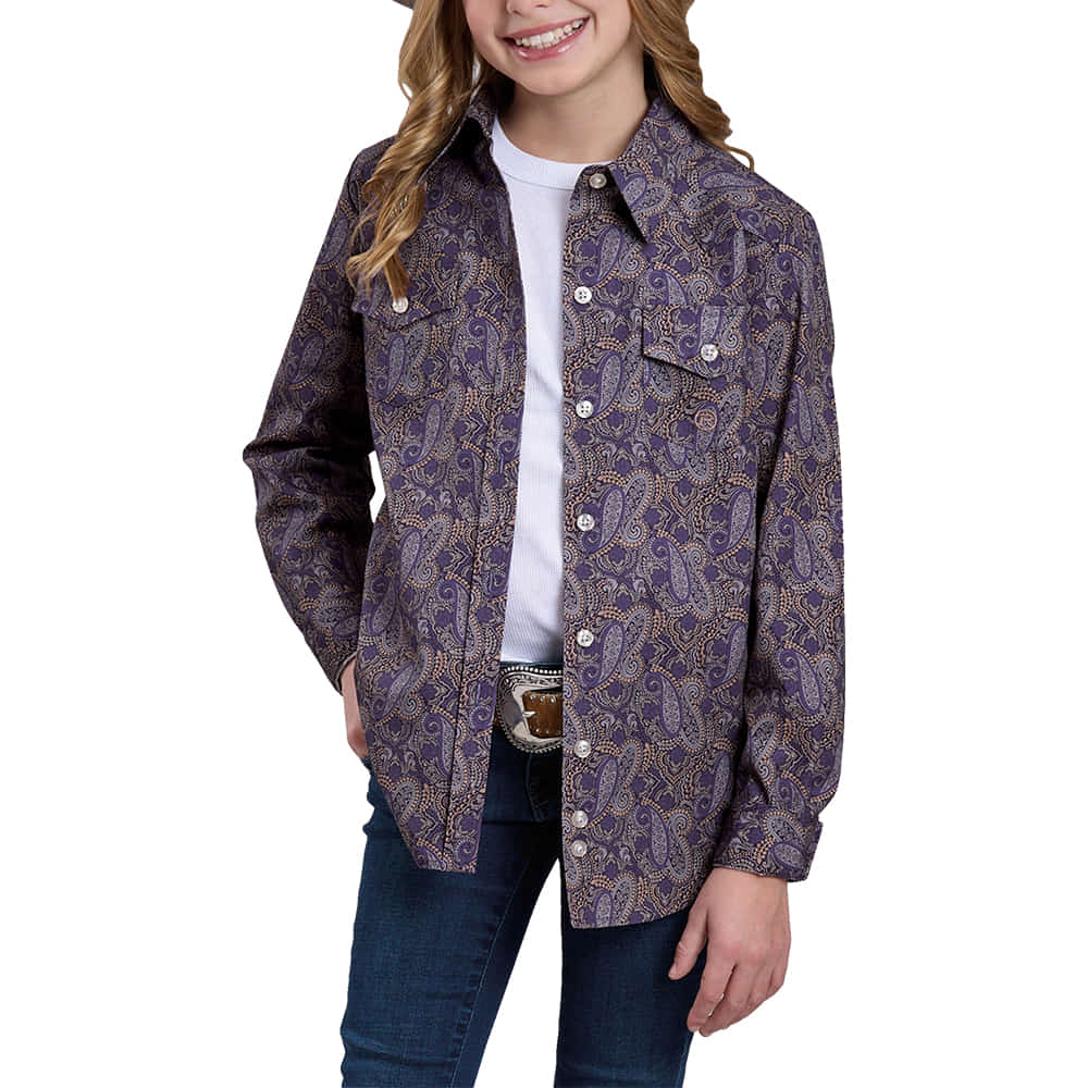 Roper Girls All-over Print Button-Down Shirt In Purple Paisley