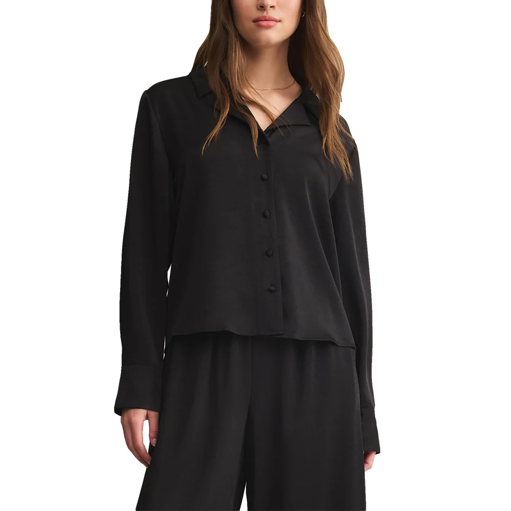 Z Supply Ana Black Satin Long Sleeve Button-Down Women's Top
